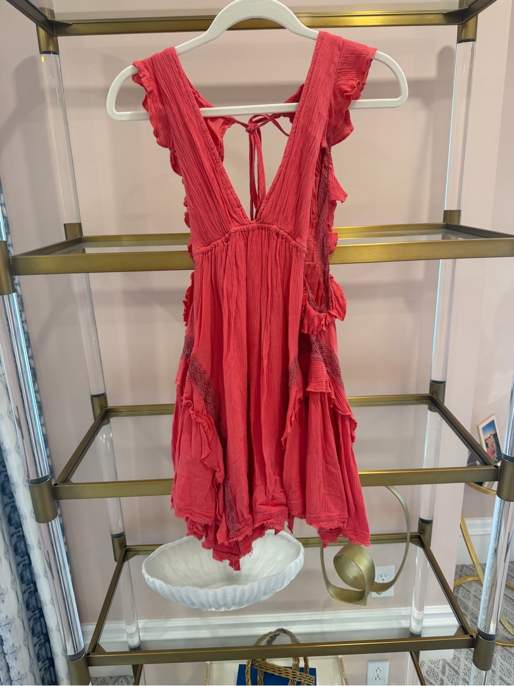 Free People Coral Red Crinkle Ruffled Sundress